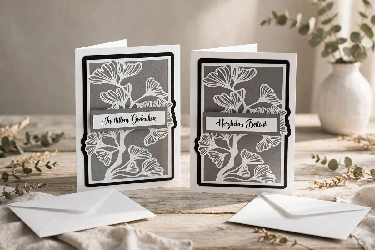 Set aus zwei Trauerkarten "In stillem Gedenken" und "Herzliches Beileid" mit Ginkgo-Muster