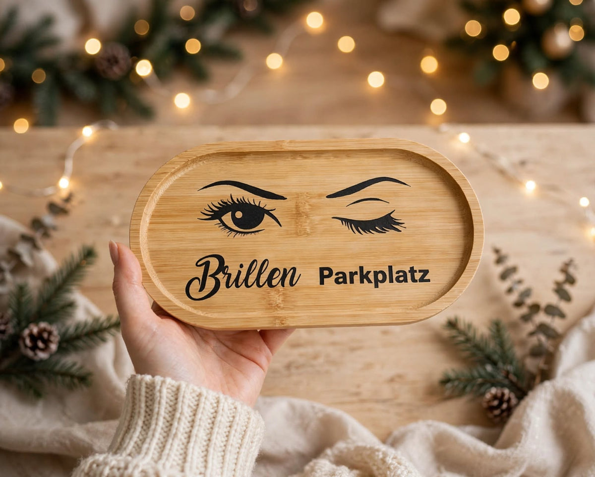 Bambus Tablett Brillen Parkplatz mit Vinyl und Epoxie in Hand gehalten - ovales Brillentablett mit Augen Design