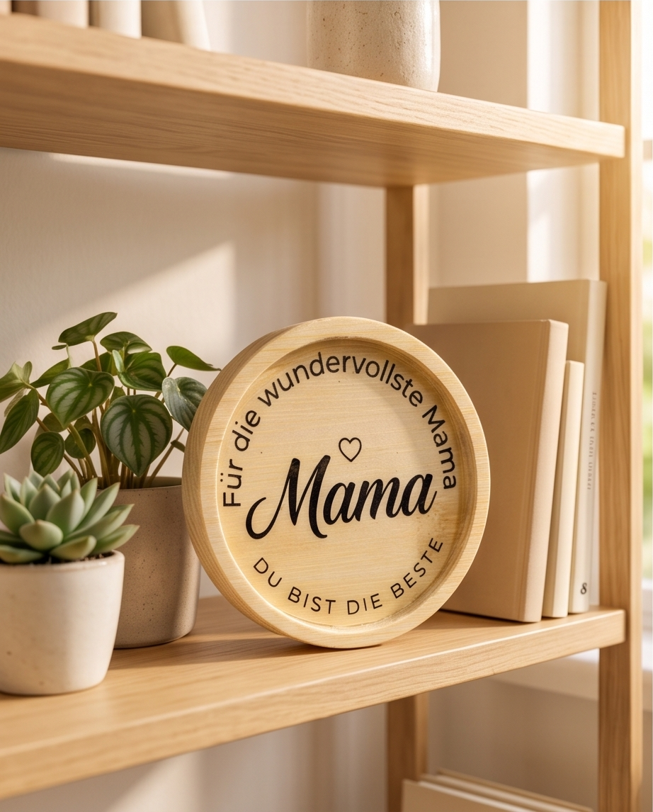Bambus Untersetzer Mama Für die wundervollste Mama Du bist die Beste aus Bambus mit Vinyl und Epoxie versiegelt aufgestellt im Holzregal mit Sukkulenten