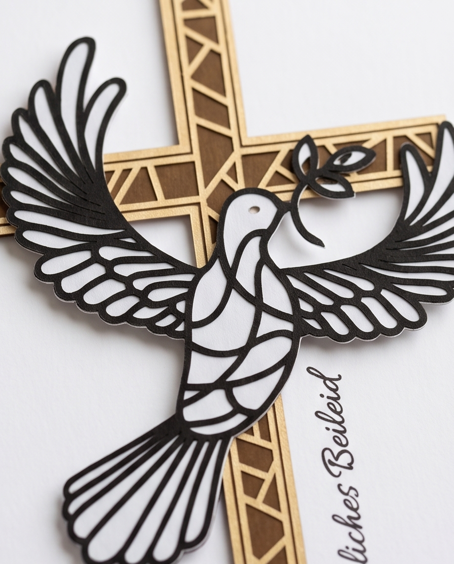 Detail Beileidskarte Kreuz und Friedenstaube mit Olivenzweig - Holz Kreuz Trauerkarte Herzliches Beileid