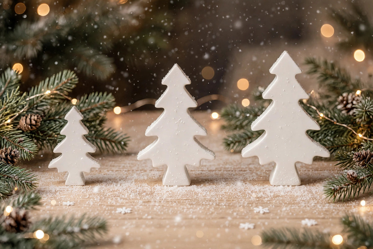 3er Set weisse Tannenbäume als Fensterdeko Winter auf Holztisch mit Kunstschnee und Tannenzweigen