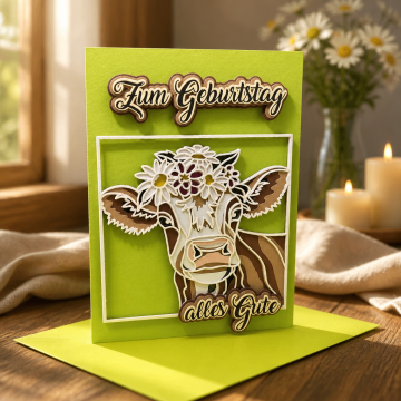 3D Geburtstagskarte Kuh mit Blumenkranz | Handgemacht | Atelier Claudia Weibel