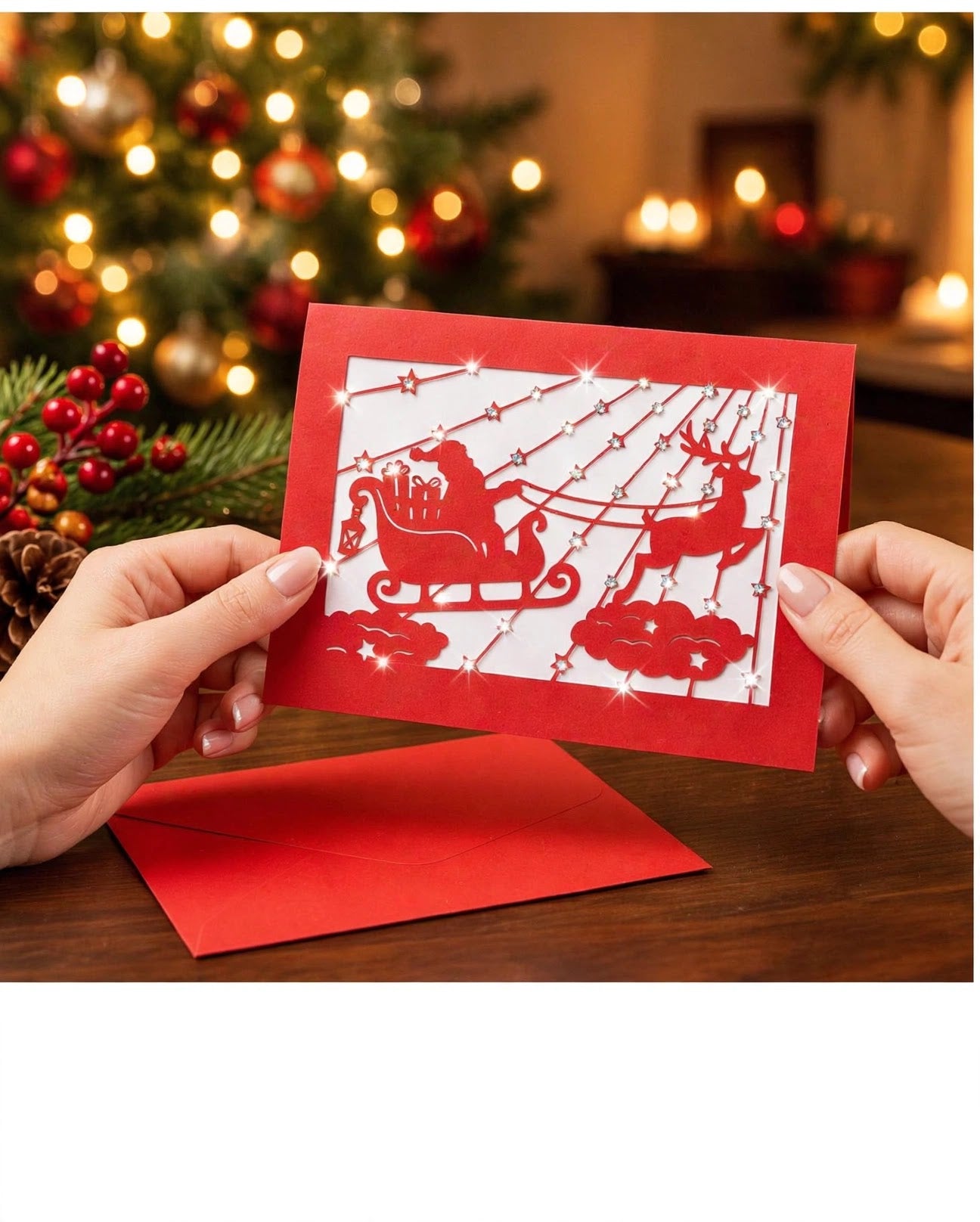 Weihnachtskarte Santa im Schlitten Rot mit Strass & Umschlag - 170x120 quer