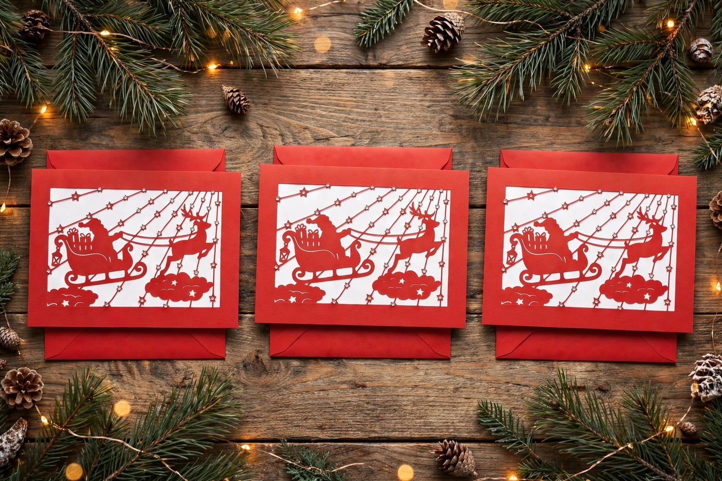 Weihnachtskarte Santa im Schlitten Rot mit Strass & Umschlag - 170x120 quer