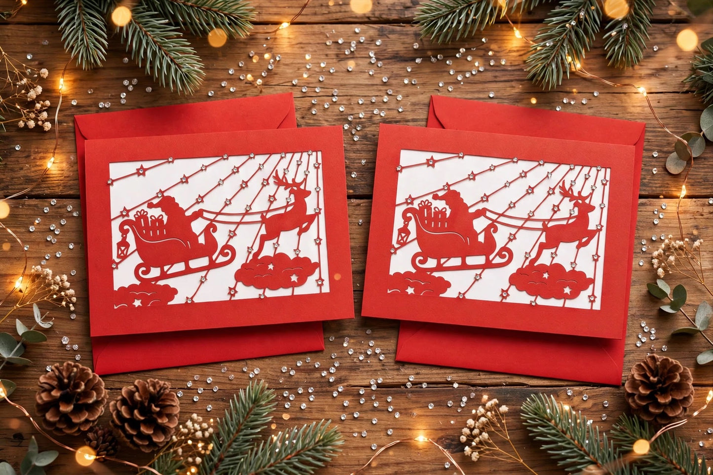 Weihnachtskarte Santa im Schlitten Rot mit Strass & Umschlag - 170x120 quer
