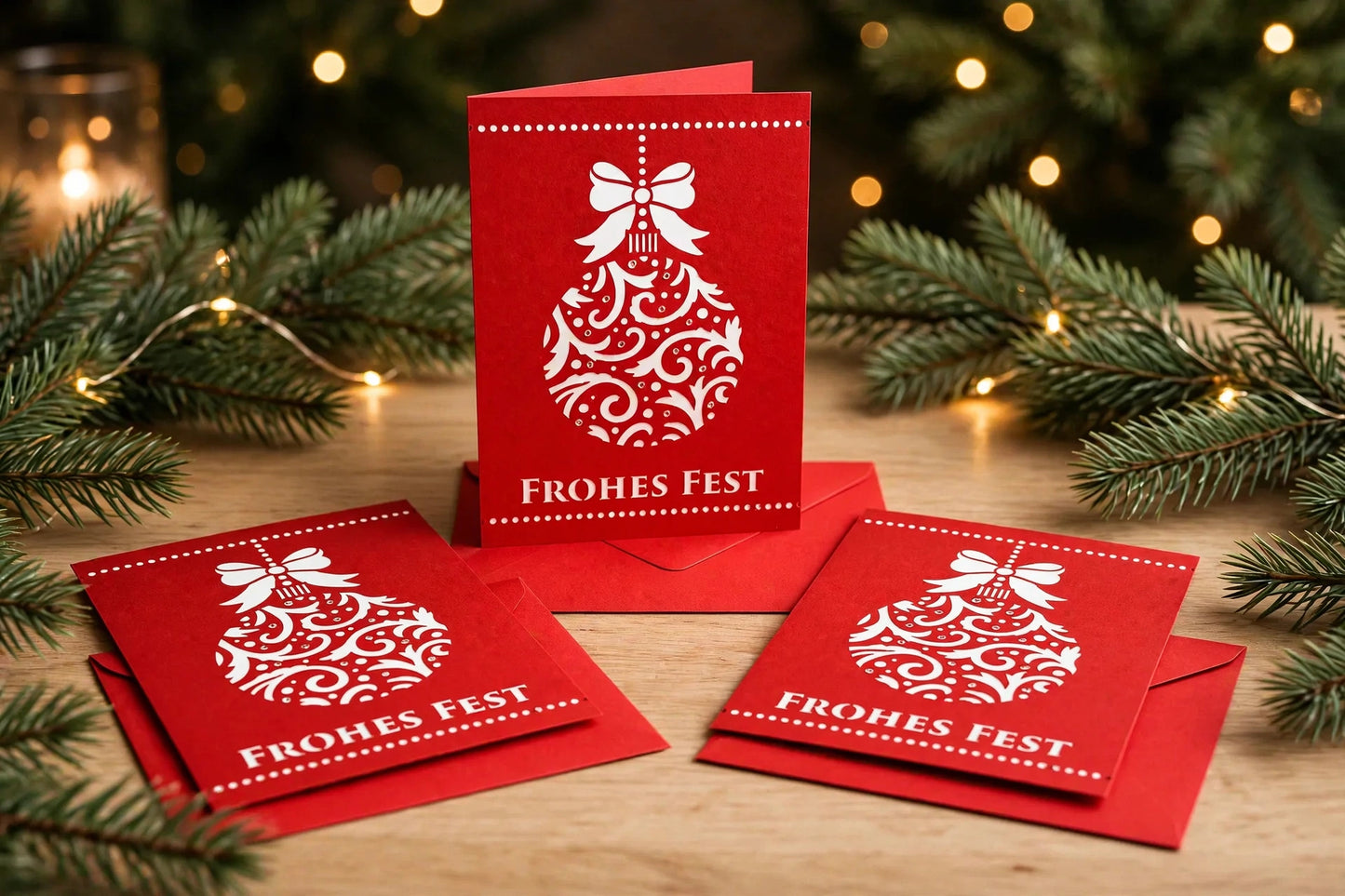 Weihnachtskarte FROHES FEST Rot mit Strass - Lasercut Faltkarte 17x12 cm mit Umschlag