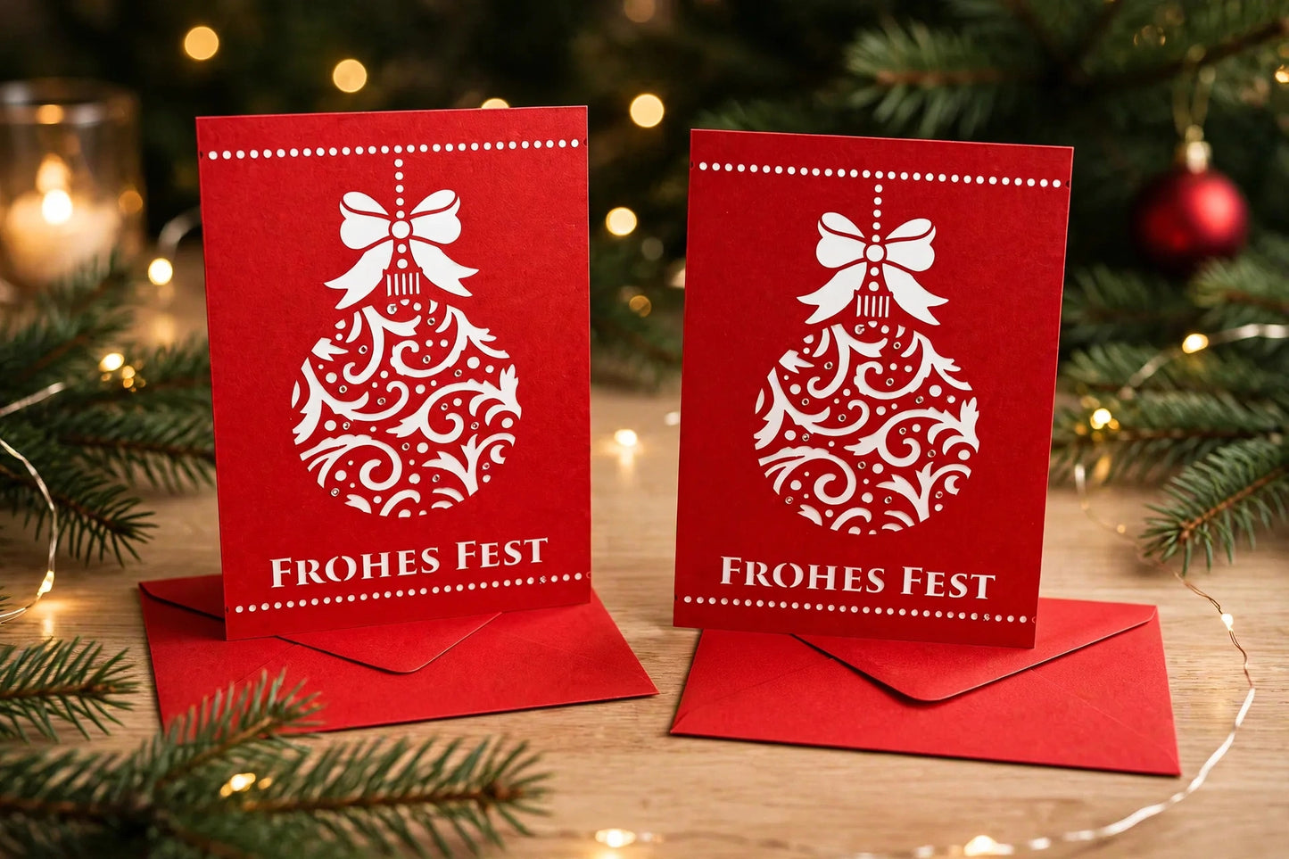 Weihnachtskarte FROHES FEST Rot mit Strass - Lasercut Faltkarte 17x12 cm mit Umschlag