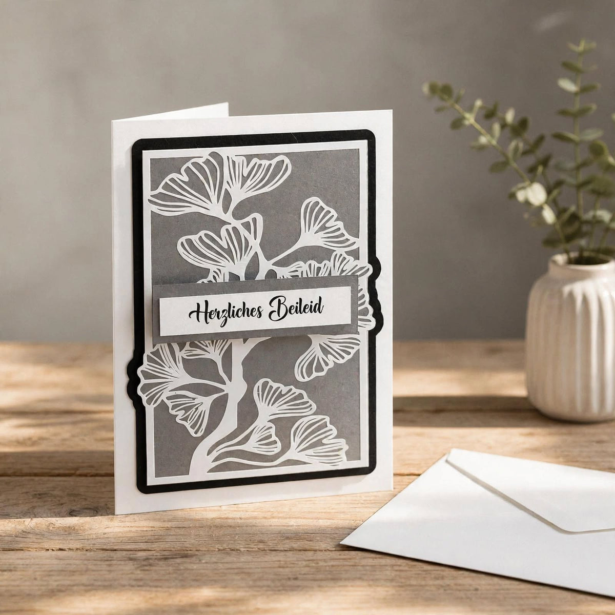 Beileidskarte "Herzliches Beileid" mit Ginkgo-Motiv stehend auf Holztisch mit Briefumschlag