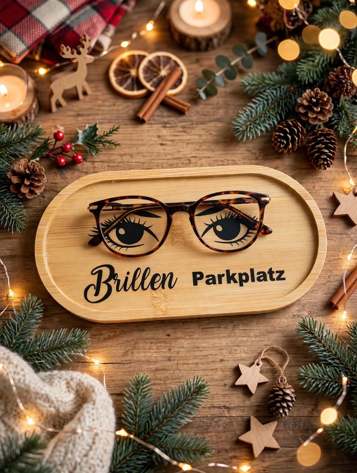 Brillenablage Brillen Parkplatz aus Bambus mit Vinylfolie, mit Epoxy versiegelt, mit Brille darauf