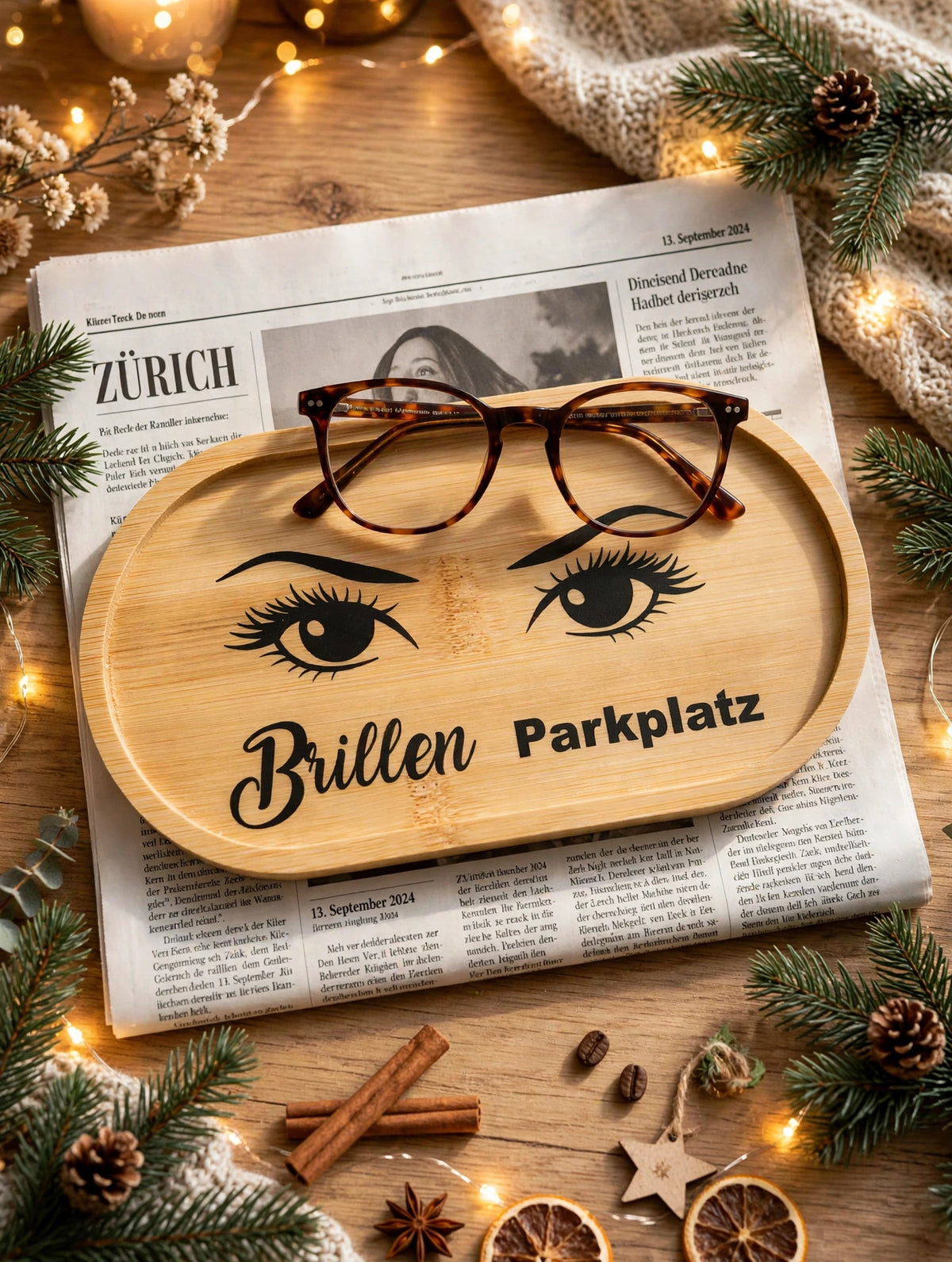 Brillen Parkplatz aus Bambus mit Vinylfolien-Aufdruck, epoxyversiegelt, mit Brille auf Zeitungs-Deko
