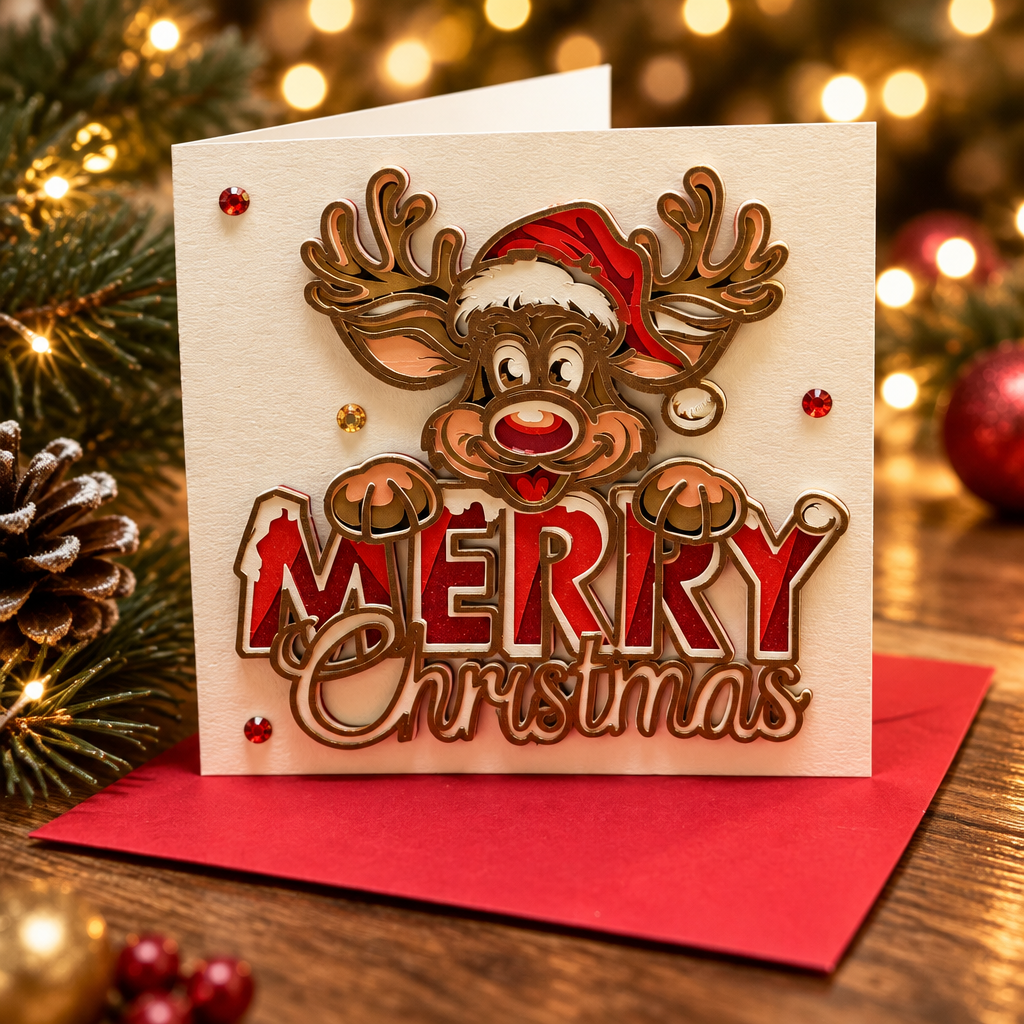 Weihnachtskarte Rentier Merry Christmas 3D – Handgemachte Weihnachtskarte 13.5x13.5 cm – 7 Lagen Pop-Up Karte mit rotem Couvert