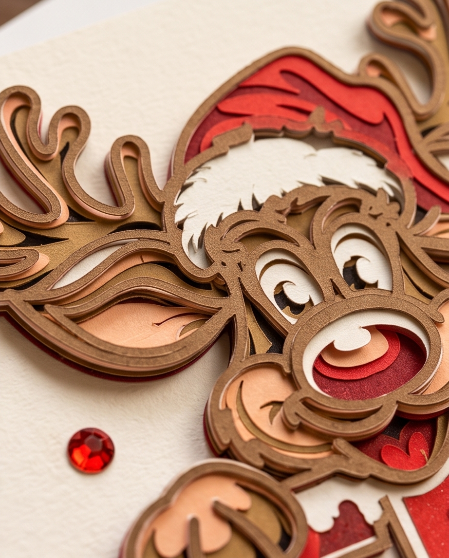 Weihnachtskarte Rentier Merry Christmas 3D – Handgemachte Weihnachtskarte 13.5x13.5 cm – 7 Lagen Pop-Up Karte mit rotem Couvert