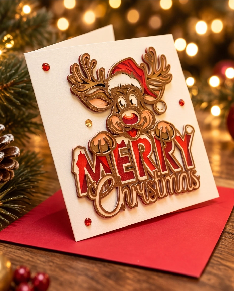 Weihnachtskarte Rentier Merry Christmas 3D – Handgemachte Weihnachtskarte 13.5x13.5 cm – 7 Lagen Pop-Up Karte mit rotem Couvert