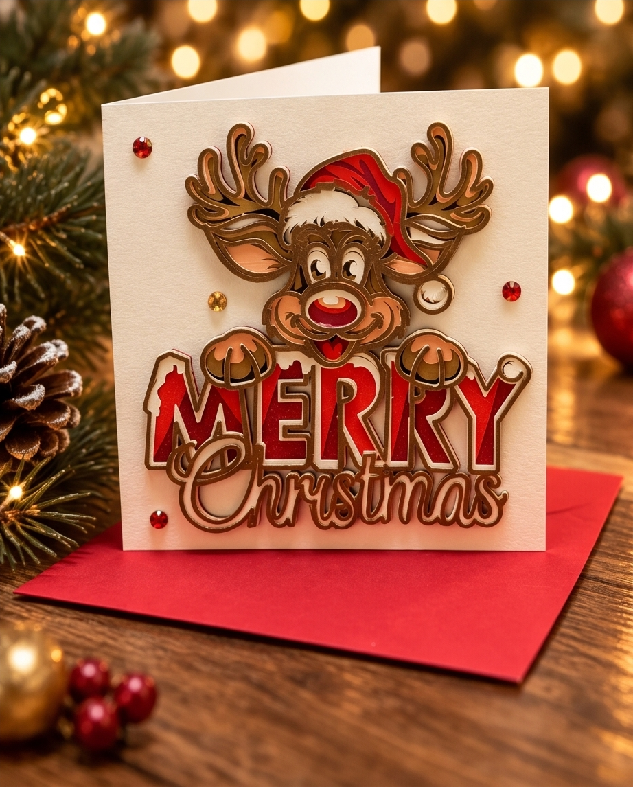 Weihnachtskarte Rentier Merry Christmas 3D – Handgemachte Weihnachtskarte 13.5x13.5 cm – 7 Lagen Pop-Up Karte mit rotem Couvert