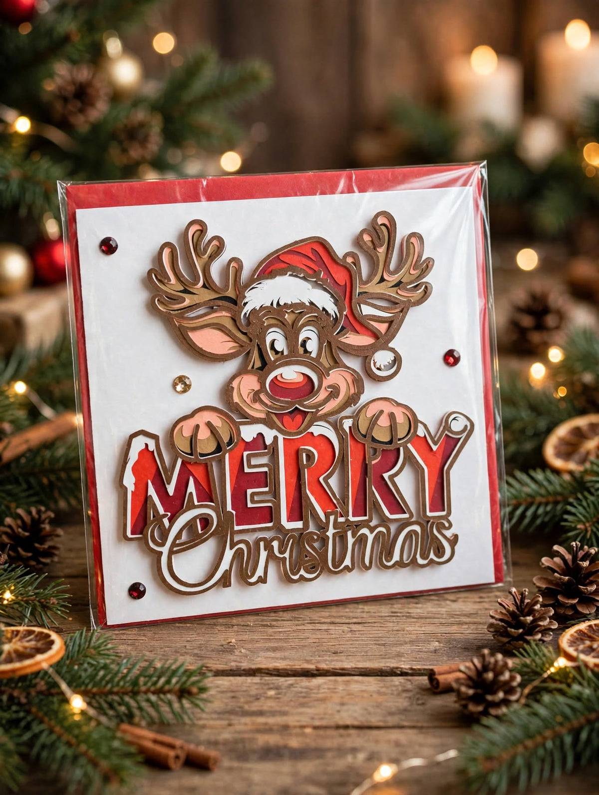 Weihnachtskarte Rentier Merry Christmas 3D – Handgemachte Weihnachtskarte 13.5x13.5 cm – 7 Lagen Pop-Up Karte mit rotem Couvert