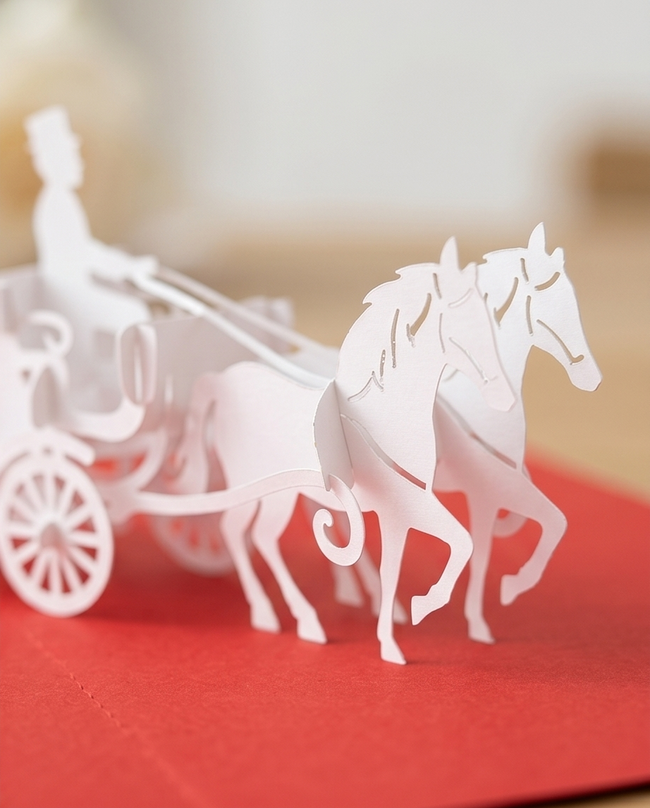 3D Pop-Up Karte Hochzeitskutsche Brautpaar Pferdekutsche 15x10cm