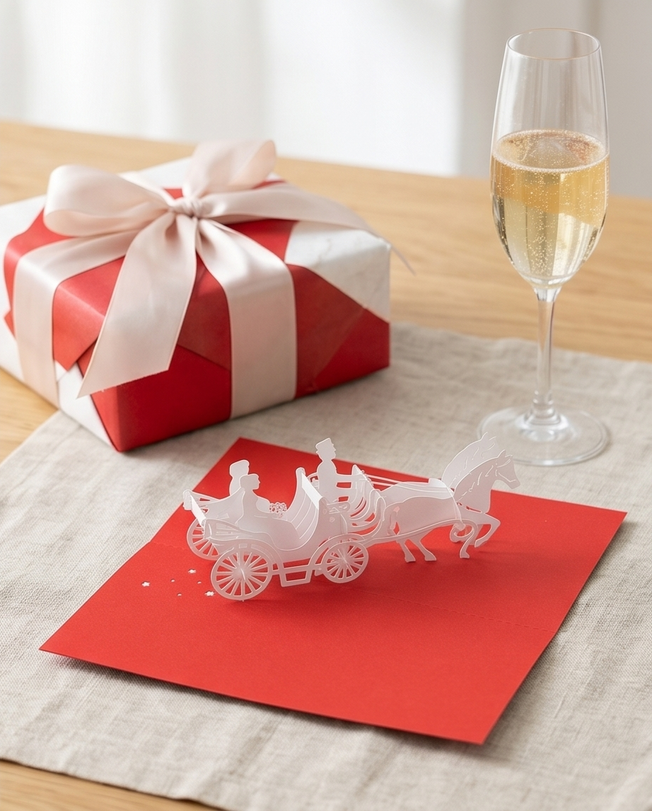 3D Pop-Up Karte Hochzeitskutsche Brautpaar Pferdekutsche 15x10cm