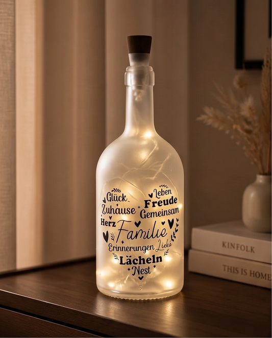 Geschenk Familie & Zuhause | LED Flasche "Wortwolke Familie"
