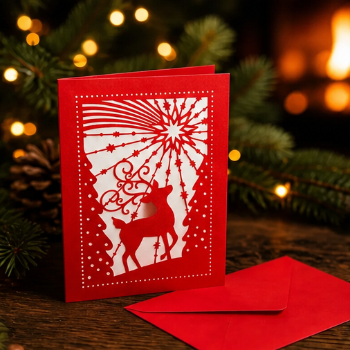 Weihnachtskarte Rentier - Rote Faltkarte mit Rentier 120x170 mit Umschlag