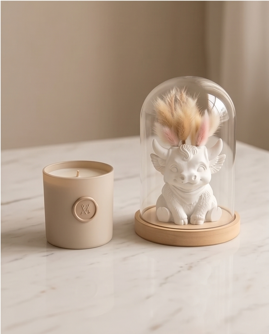 Geschenk für Deko-Liebhaber | Hochlandkuh "Glasglocke mit Trockenblumen"