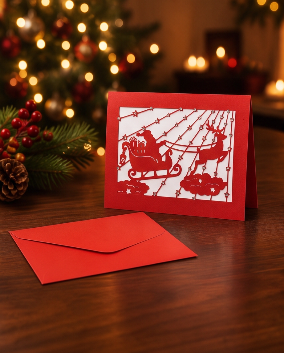 Weihnachtskarte Santa im Schlitten Rot mit Strass & Umschlag - 170x120 quer