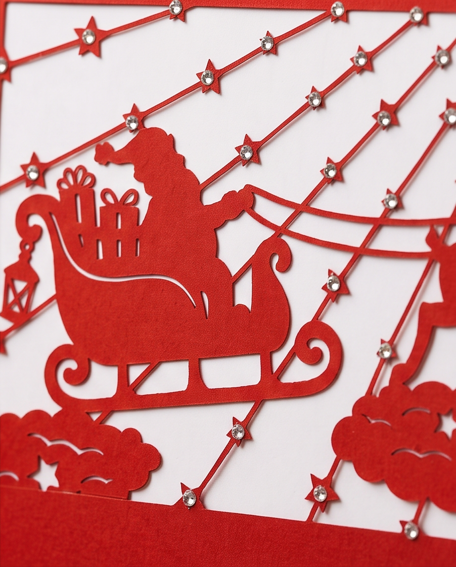 Weihnachtskarte Santa im Schlitten Rot mit Strass & Umschlag - 170x120 quer