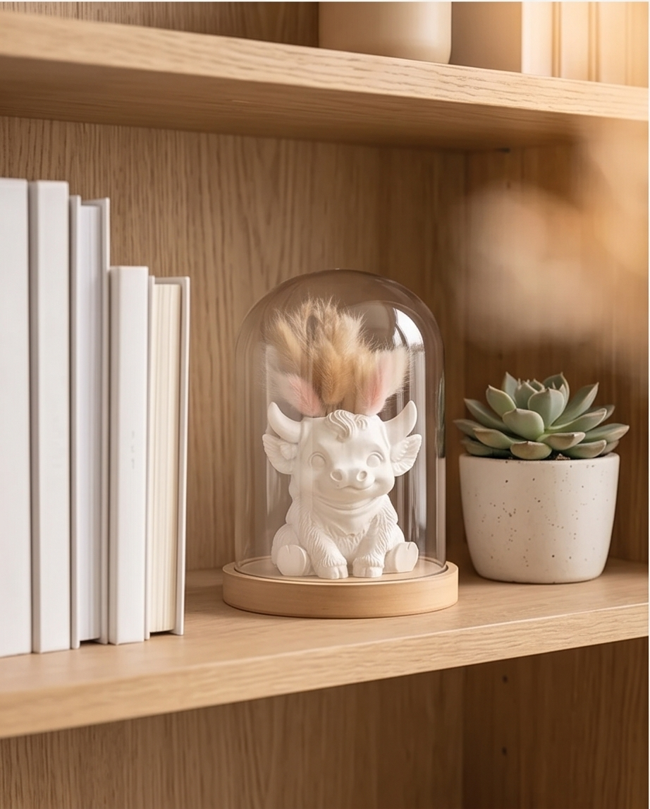 Geschenk für Deko-Liebhaber | Hochlandkuh "Glasglocke mit Trockenblumen"