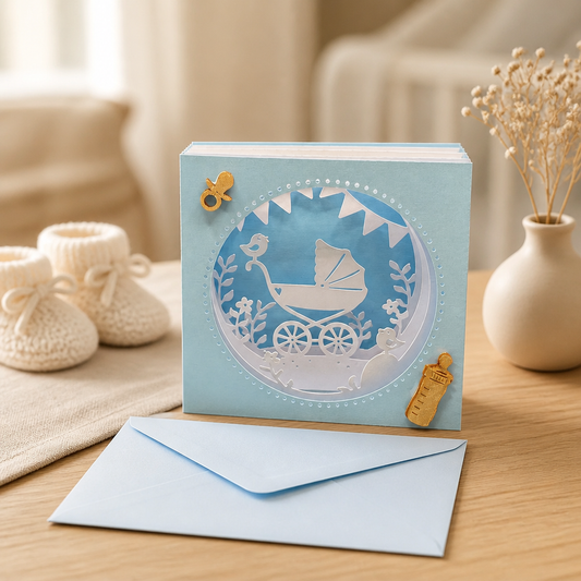 Geschenk zur Geburt | 3D-Karte Baby Junge "Kinderwagen blau"