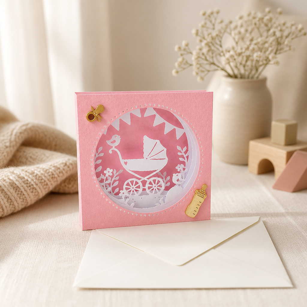 Geschenk zur Geburt | 3D-Karte Baby Mädchen "Kinderwagen rosa"