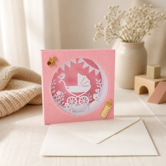 Geschenk zur Geburt | 3D-Karte Baby Mädchen "Kinderwagen rosa"