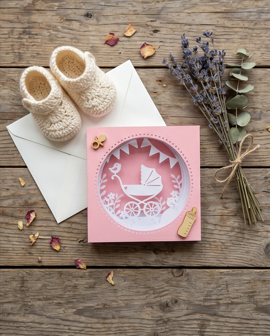 Geschenk zur Geburt | 3D-Karte Baby Mädchen "Kinderwagen rosa"