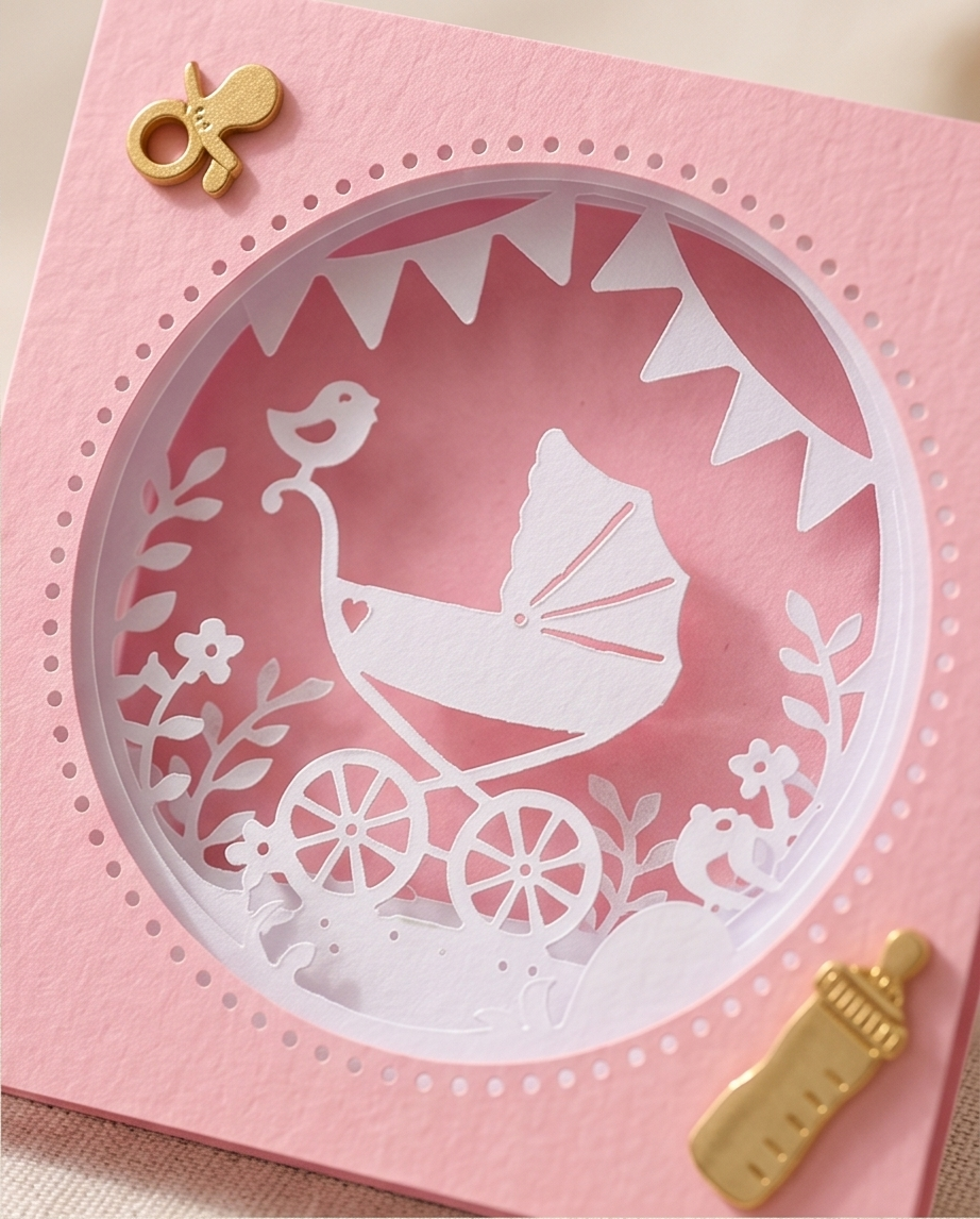 Geschenk zur Geburt | 3D-Karte Baby Mädchen "Kinderwagen rosa"