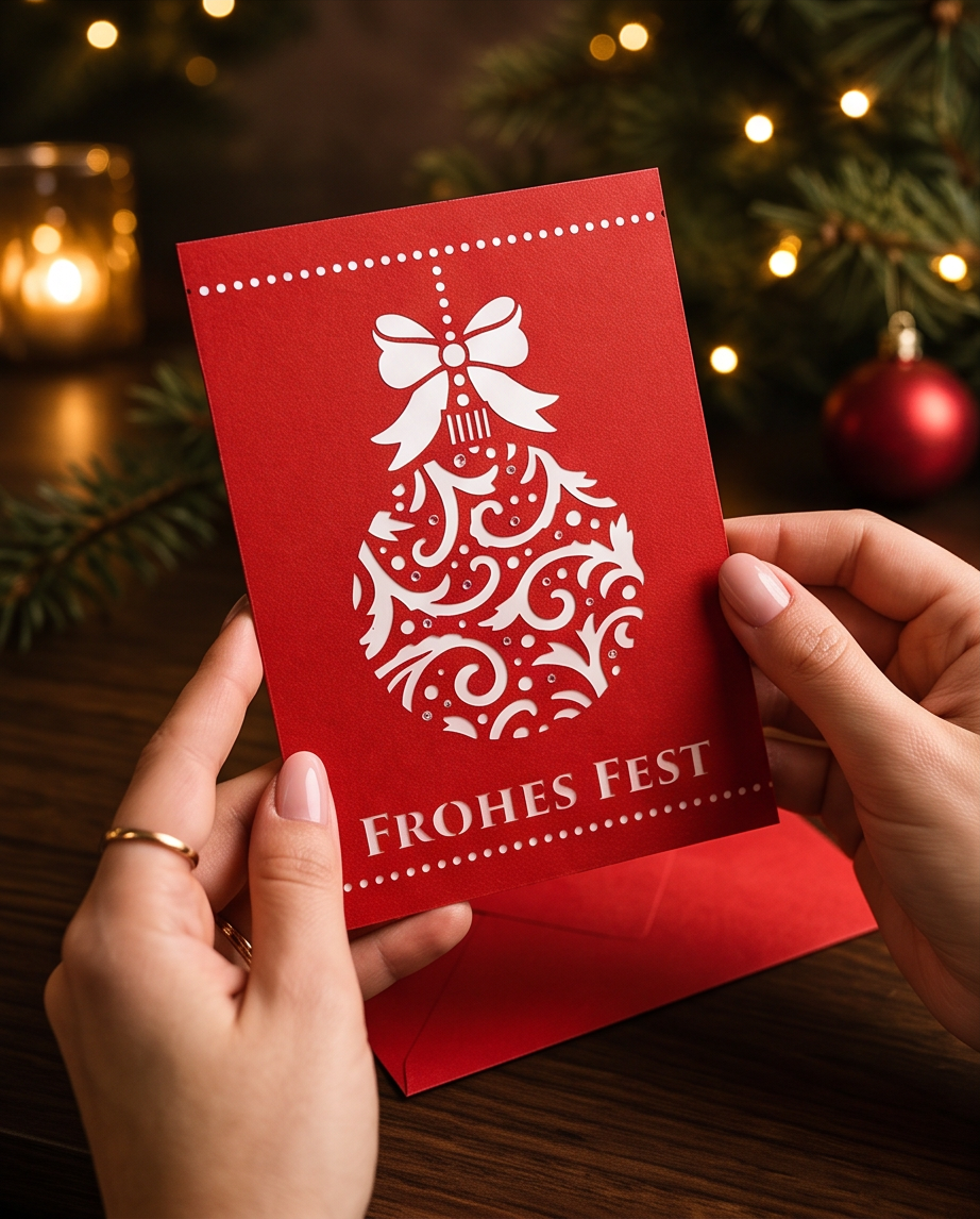 Weihnachtskarte FROHES FEST Rot mit Strass - Lasercut Faltkarte 17x12 cm mit Umschlag