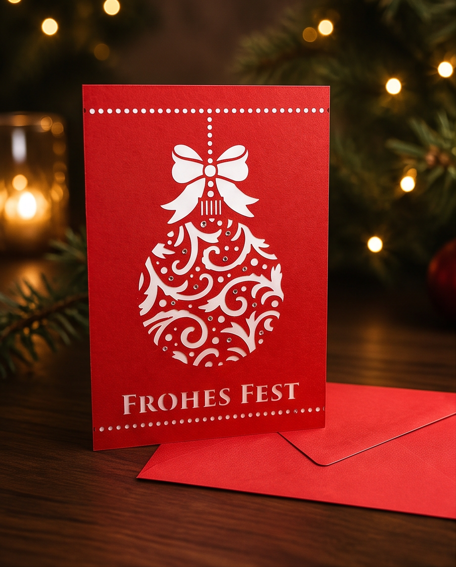 Weihnachtskarte FROHES FEST Rot mit Strass - Lasercut Faltkarte 17x12 cm mit Umschlag