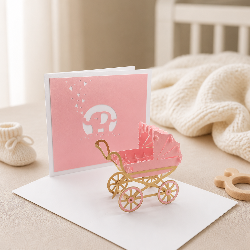 Geburtskarte Mädchen - 3D Pop-Up Karte Kinderwagen Rosa