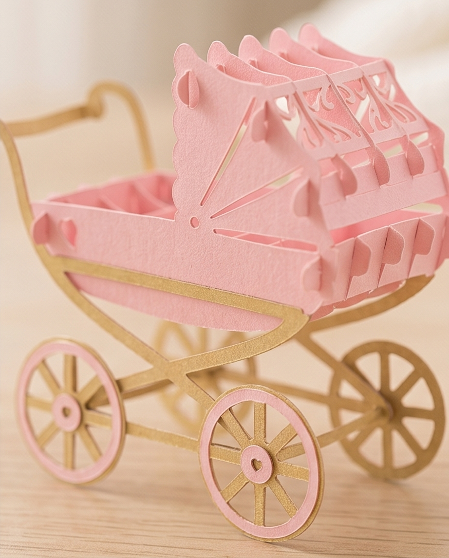 Geburtskarte Mädchen - 3D Pop-Up Karte Kinderwagen Rosa