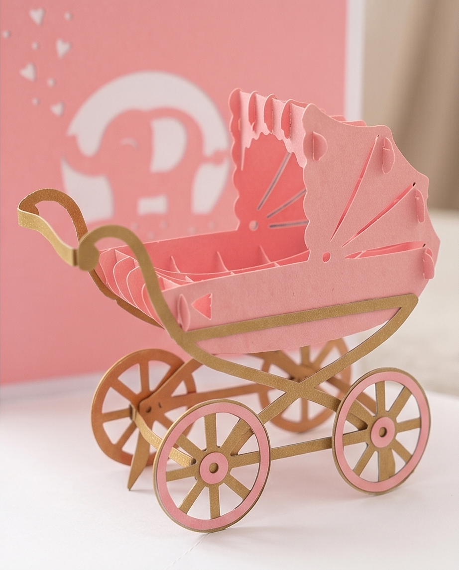 Geburtskarte Mädchen - 3D Pop-Up Karte Kinderwagen Rosa