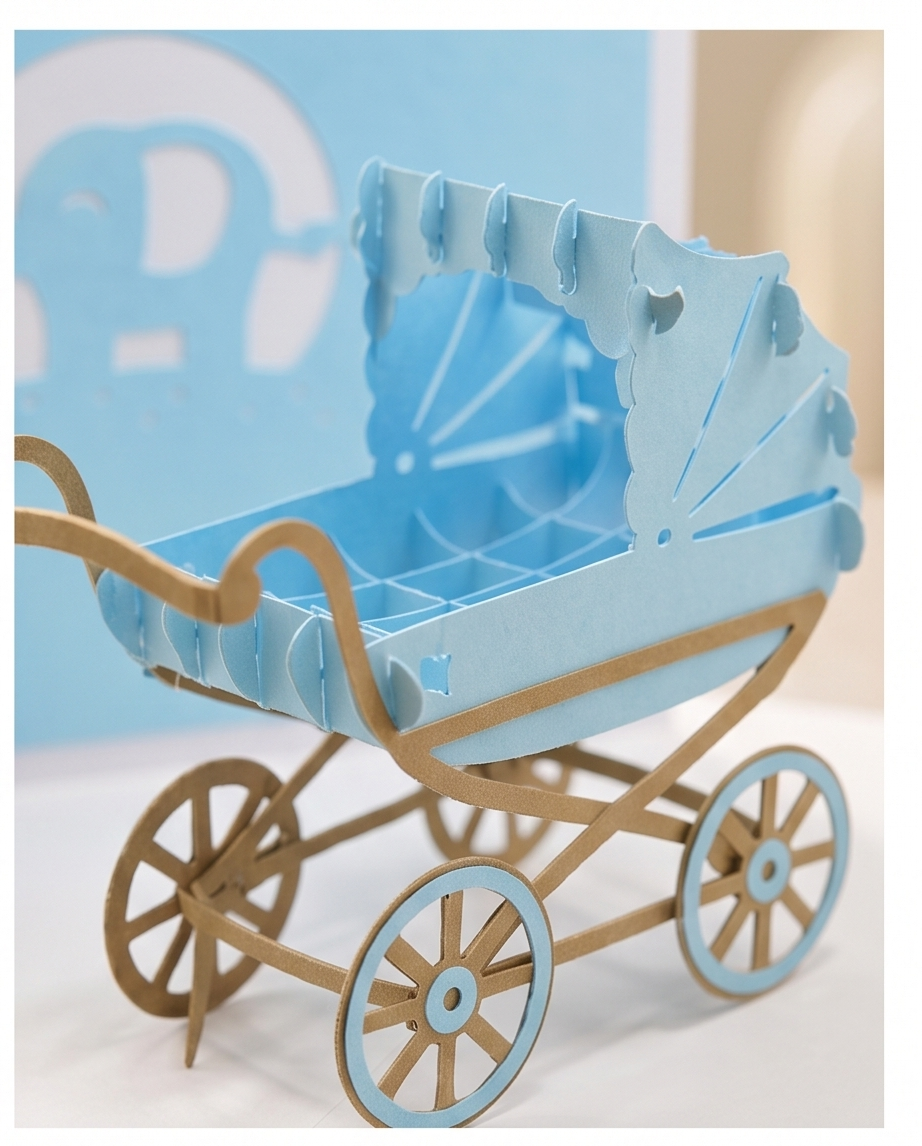 Geburtskarte Junge - 3D Pop-Up Karte Kinderwagen Hellblau