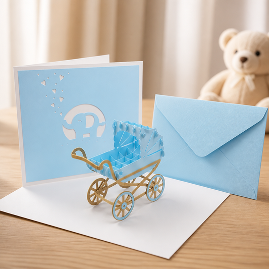 Geburtskarte Junge - 3D Pop-Up Karte Kinderwagen Hellblau