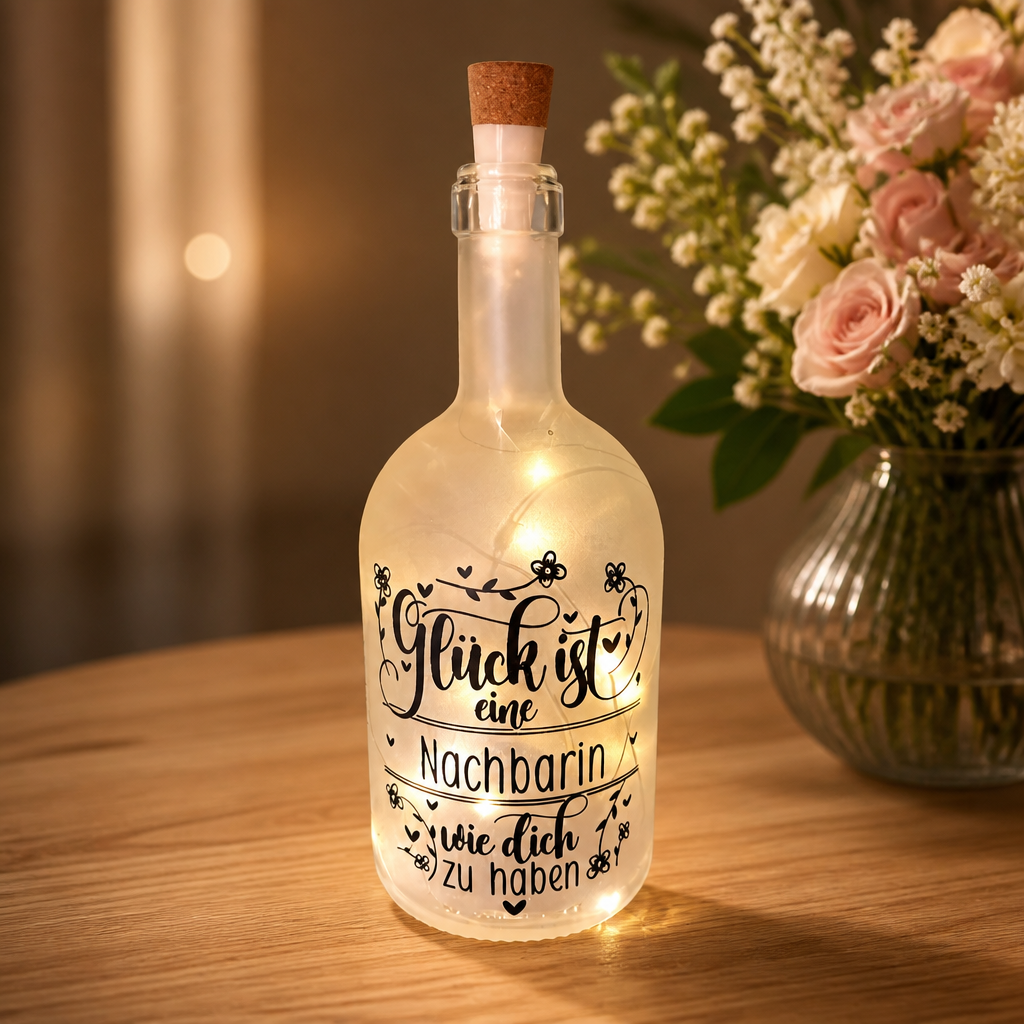 LED Flasche Nachbarin - Geschenk "Glück ist eine Nachbarin wie dich zu haben" - Flaschenlicht | Handgemacht in Hämikon