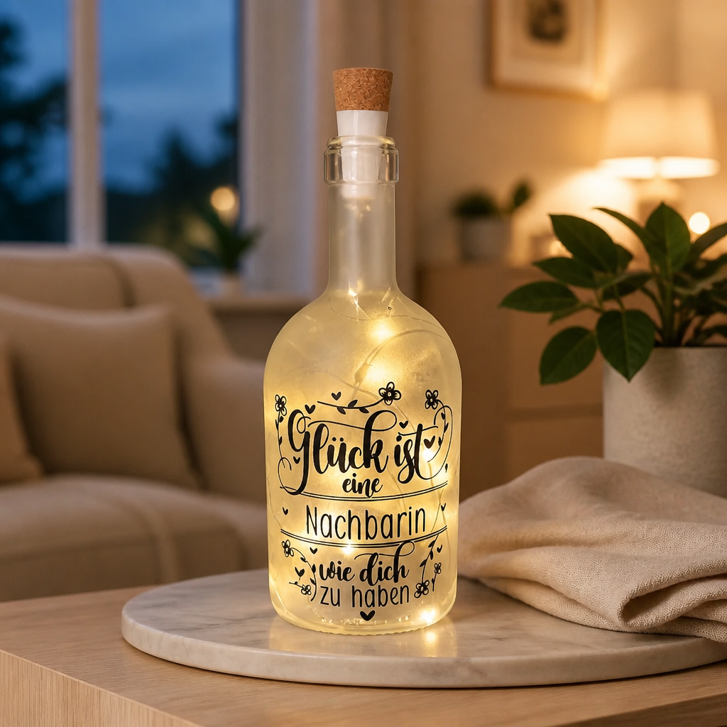 LED Flasche Nachbarin - Geschenk "Glück ist eine Nachbarin wie dich zu haben" - Flaschenlicht | Handgemacht in Hämikon