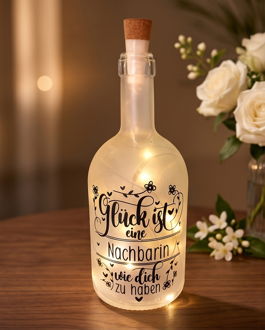 LED Flasche Nachbarin - Geschenk "Glück ist eine Nachbarin wie dich zu haben" - Flaschenlicht | Handgemacht in Hämikon