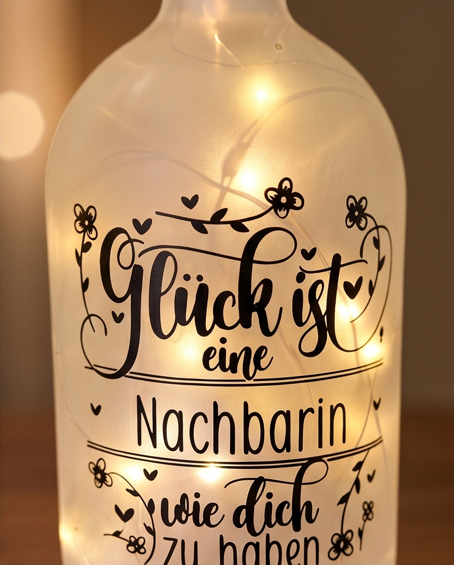 LED Flasche Nachbarin - Geschenk "Glück ist eine Nachbarin wie dich zu haben" - Flaschenlicht | Handgemacht in Hämikon