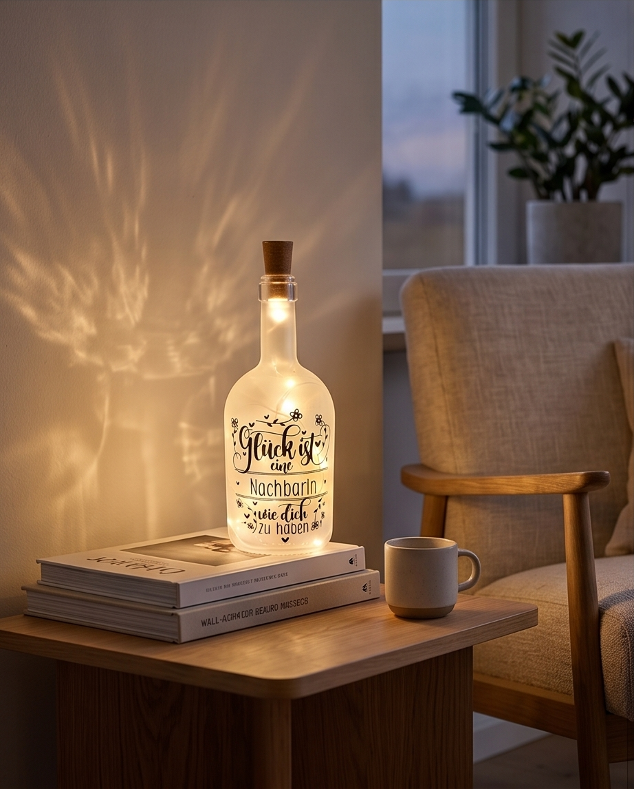 LED Flasche Nachbarin - Geschenk "Glück ist eine Nachbarin wie dich zu haben" - Flaschenlicht | Handgemacht in Hämikon