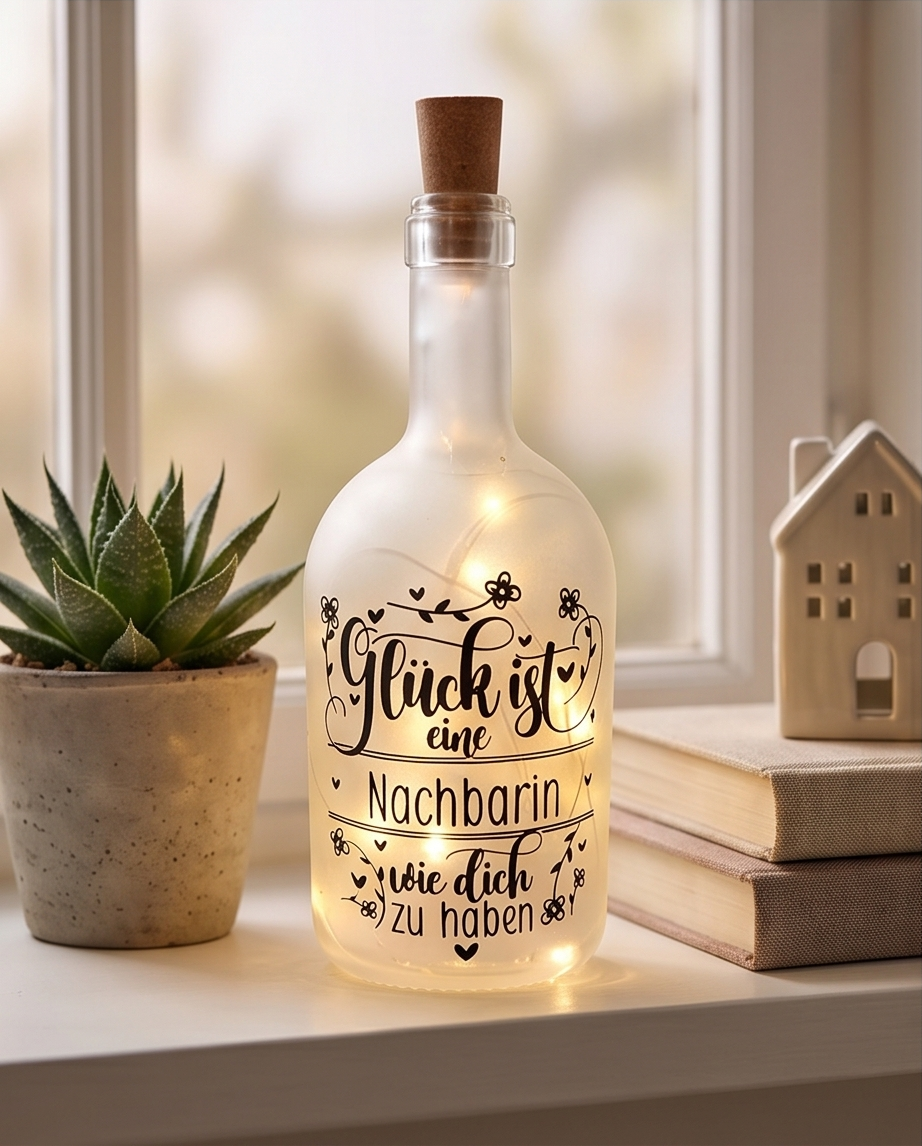 LED Flasche Nachbarin - Geschenk "Glück ist eine Nachbarin wie dich zu haben" - Flaschenlicht | Handgemacht in Hämikon