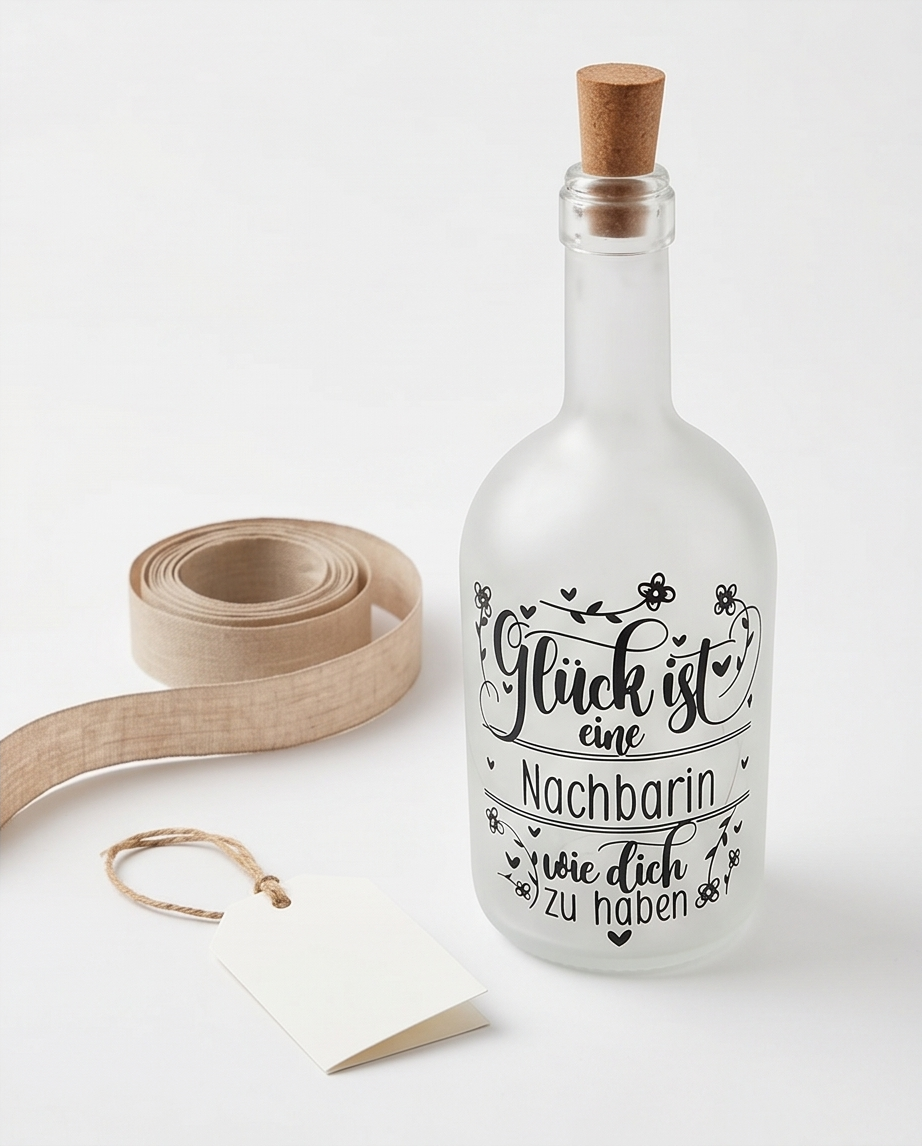 LED Flasche Nachbarin - Geschenk "Glück ist eine Nachbarin wie dich zu haben" - Flaschenlicht | Handgemacht in Hämikon