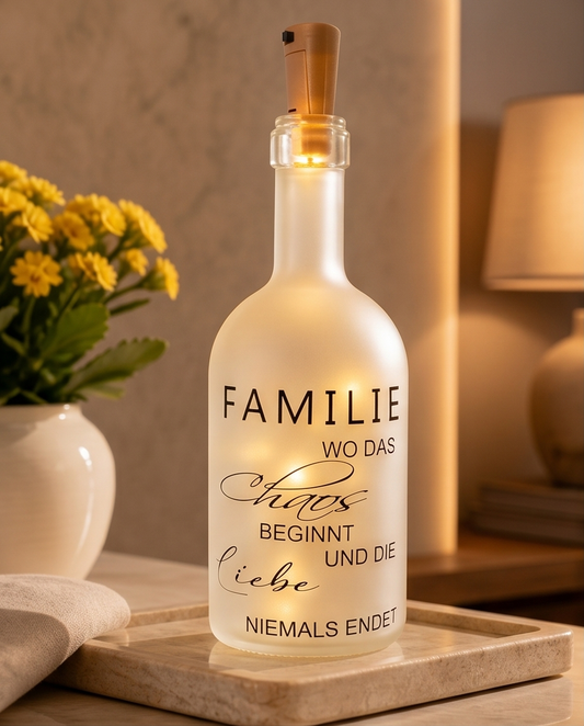 Geschenk für Familie | LED-Flasche "Familie - wo das Leben beginnt"