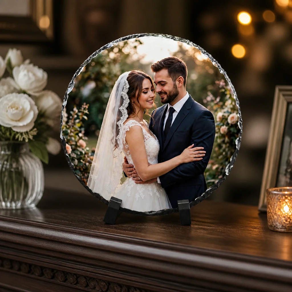 Foto auf Schieferplatte rund 20cm - Personalisiertes Geschenk mit Foto - Hochzeitsgeschenk & Fotogeschenk Schweiz