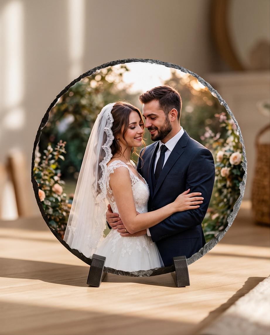 Foto auf Schieferplatte rund 20cm - Personalisiertes Geschenk mit Foto - Hochzeitsgeschenk & Fotogeschenk Schweiz