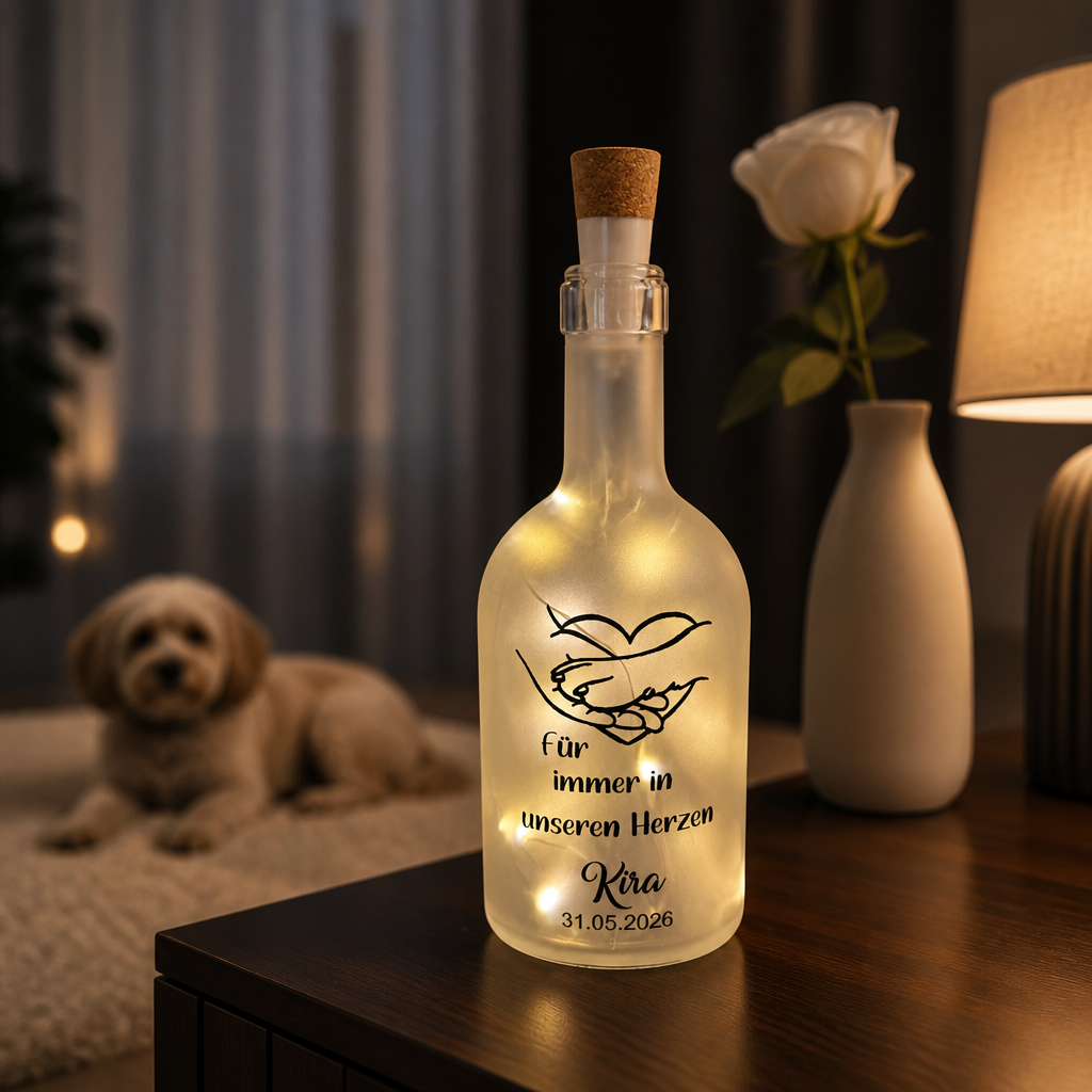 Geschenk mit Bedeutung | LED Flasche "Für immer im Herzen" - Hund